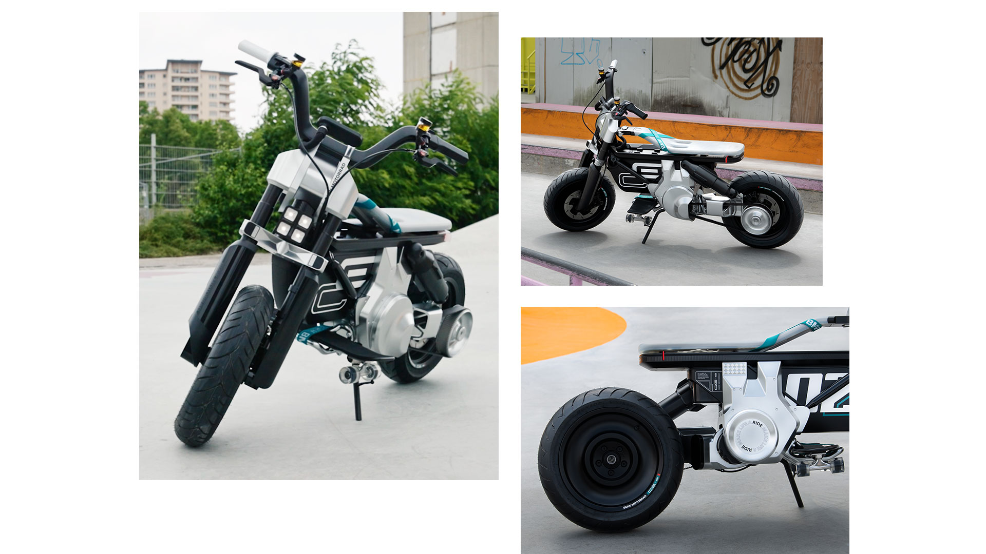 Un collage con tres imágenes de la Concept CE 02 en un skatepark. La imagen de la izquierda es un primer plano de las proporciones del modelo; arriba a la derecha, se muestra el modelo en vista lateral; abajo a la derecha, vemos la rueda trasera y el asiento en primer plano.