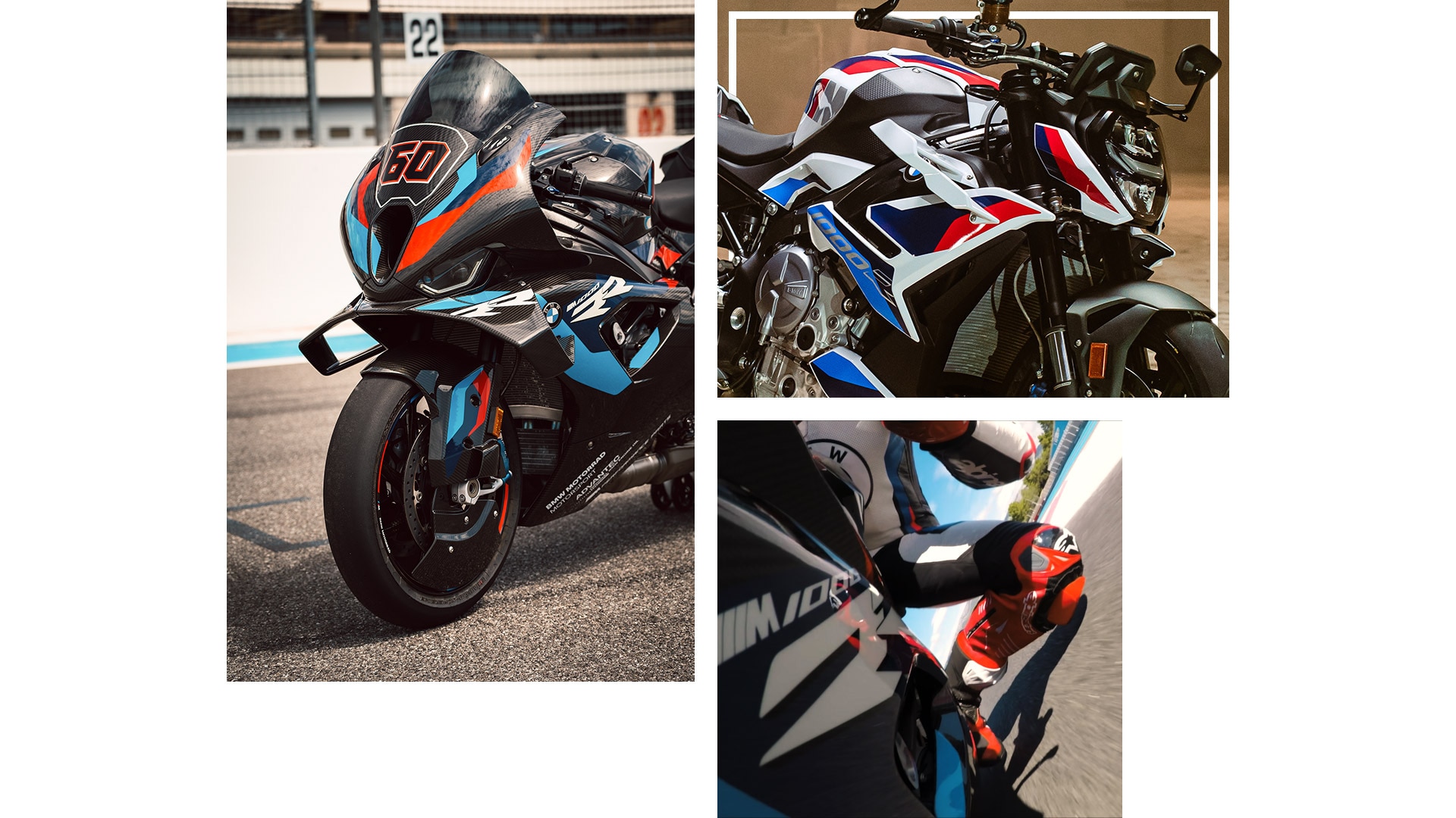 Collage de tomas que muestran la M 1000 RR y la M 1000 R en movimiento.