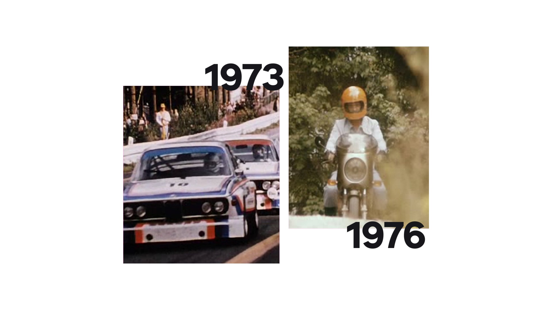 Alt-Text A la izquierda, una grabación histórica del BMW 3.0 CSL; a la derecha, la BMW R 90 S de Helmut Dähne.