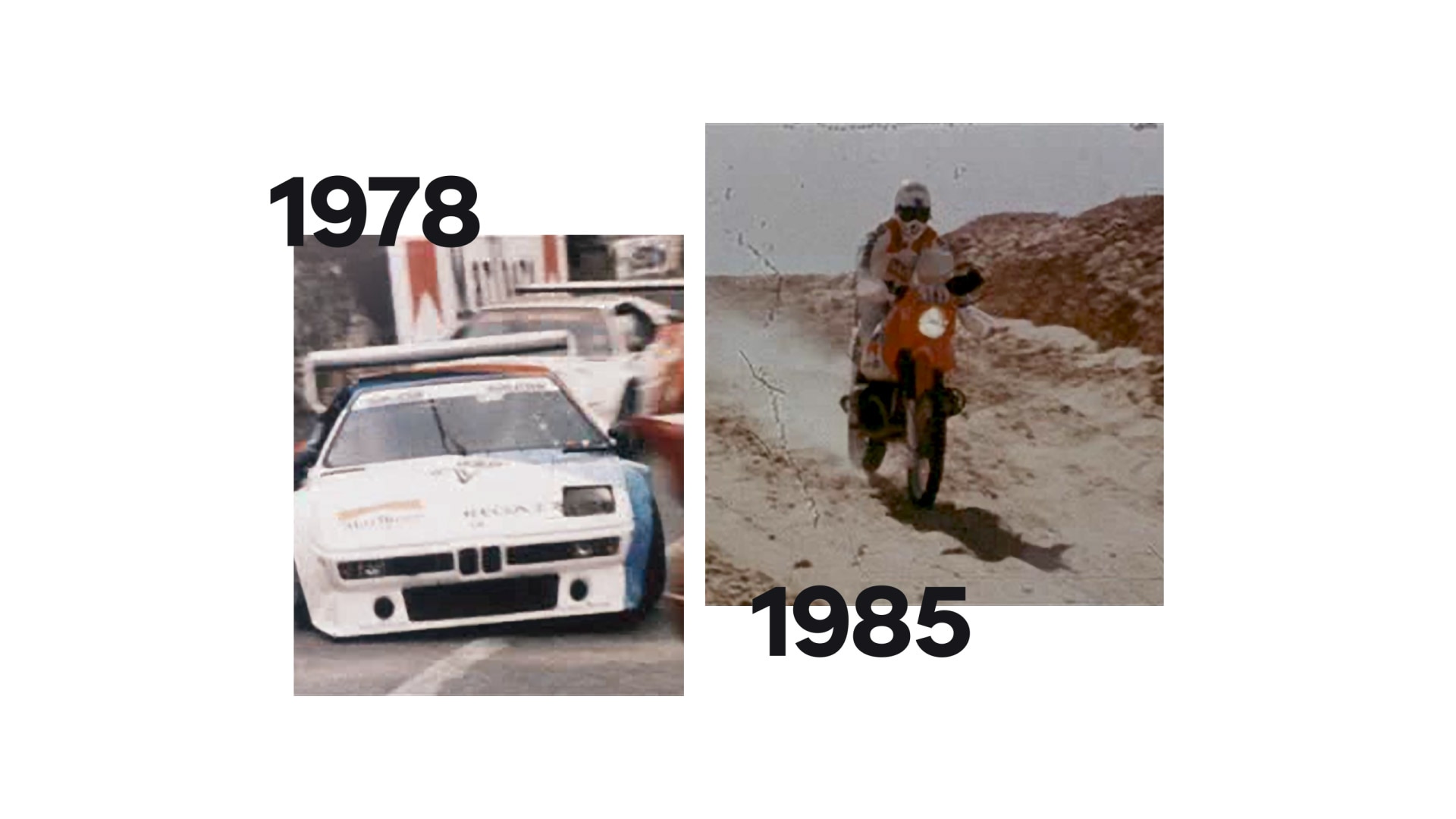 A la izquierda, una grabación histórica del BMW M1; a la derecha, la legendaria máquina del Rally París-Dakar.
